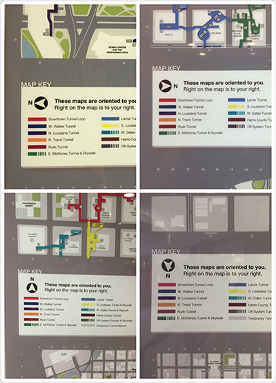 Looking at 4 different tunnel maps, see north pointing left, right, up, and down. It can be confusing to be in the tunnels Confusing Downtown Tunnel Tour Map
